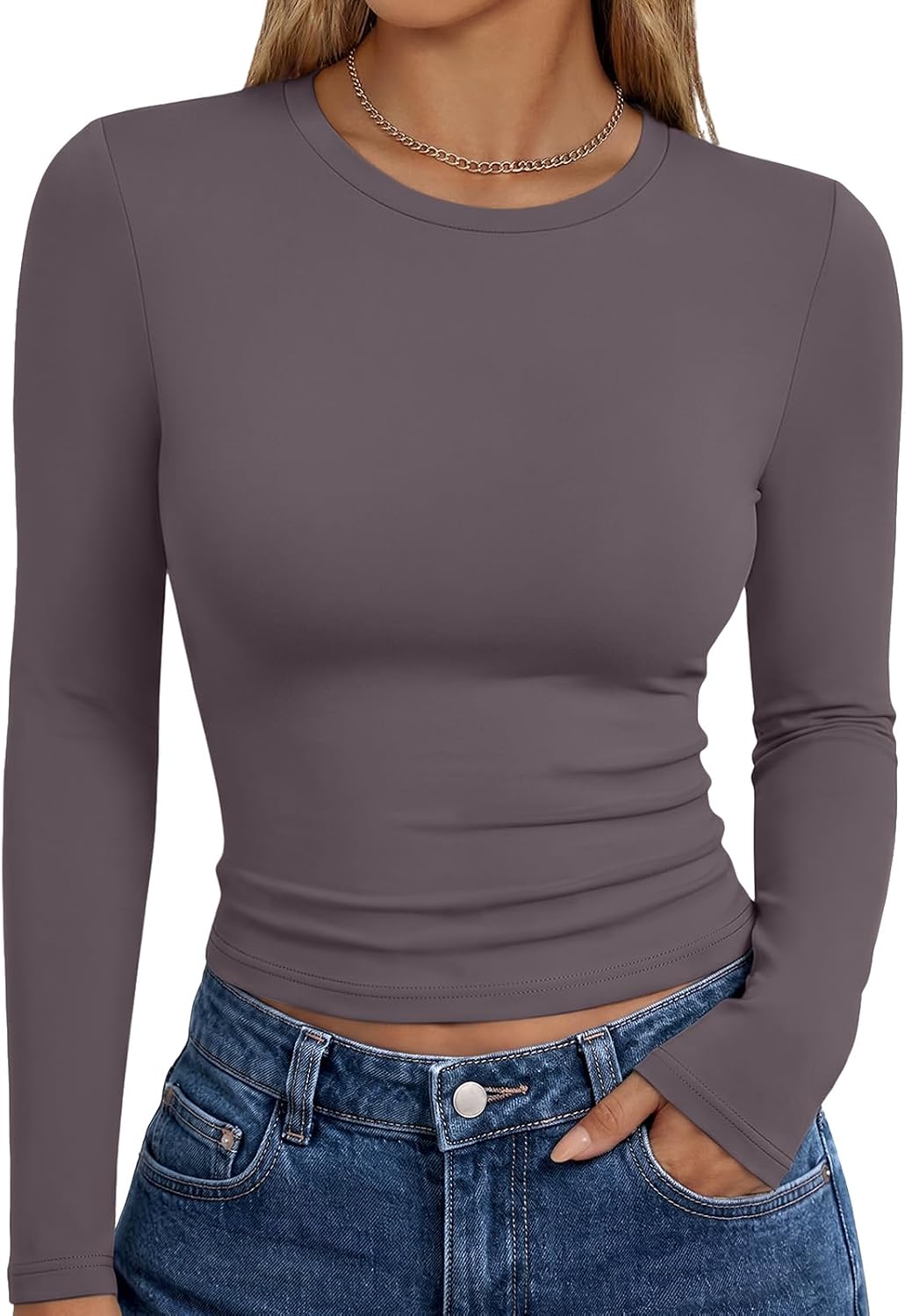 Trendy Queen women's long sleeve T-shirt featuring fall fashion Y2K style, basic casual top with a fitted design.