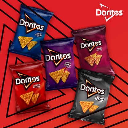 Bag of Doritos Nacho Cheese flavored tortilla chips, 1-ounce packs, showing bright orange chips in a clear bag.
