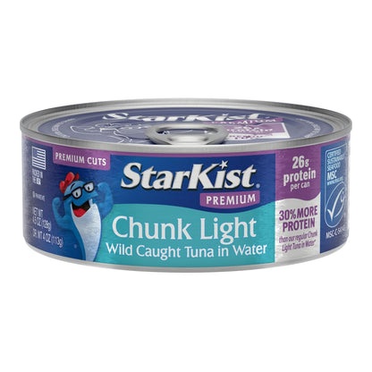 StarKist Chunk Light Tuna in Water pantry storage pack with 8 cans, 5oz each, in a clear display showing the canned tuna
