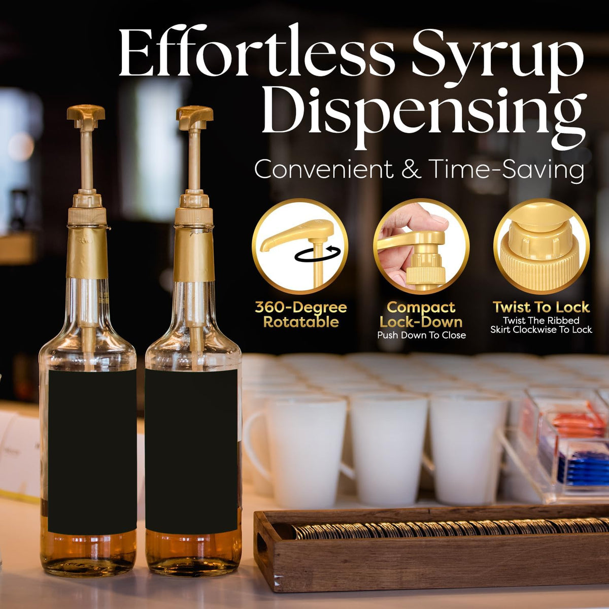Syruvia syrup pump attached to a 750ml syrup bottle for easy dispensing of liquid syrup.