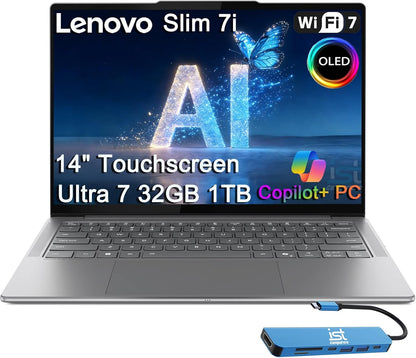 Lenovo Slim 7i Aura Edition laptop with 14-inch WUXGA OLED display, 16GB RAM, 1TB storage in Luna Grey color.