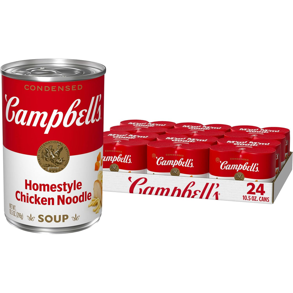 Cans of Campbell's Homestyle Chicken Noodle Soup, 10.5 oz, pack of 12, featuring the soup's label and packaging.