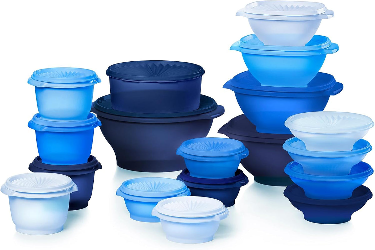 Tupperware Heritage 36-piece set of vintage pastel food storage containers with lids, includes 18 containers and 18 lids.