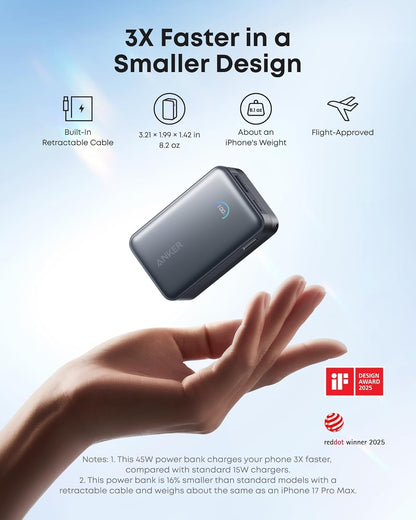 Anker Nano 10K power bank with built-in retractable USB-C cable and 45W fast charging capability.