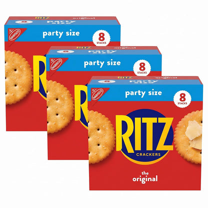 Ritz Fresh Stacks Original snack crackers in a party size box with 16 multi-pack snack packs, ready for sharing.