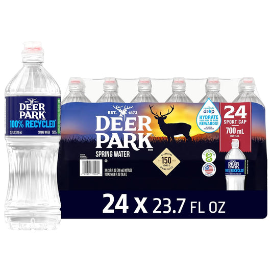 Deer Park Natural Spring Bottled Water 12 fl oz, 12-pack, clear bottles with blue labels and cap, premium bottled water.