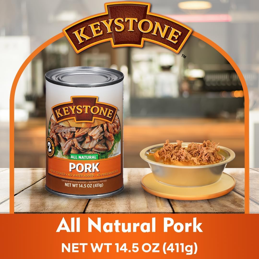 Keystone canned meat variety pack with beef, chicken, turkey, and pork, fully cooked pantry staples for emergency or camping use