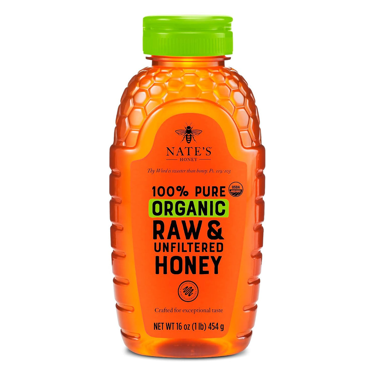 Nate's Organic Honey in a 16oz squeeze bottle, golden honey with a smooth texture, ideal for spreading or drizzling.