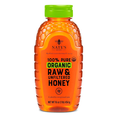 Nate's Organic Honey in a 16oz squeeze bottle, golden honey with a smooth texture, ideal for spreading or drizzling.