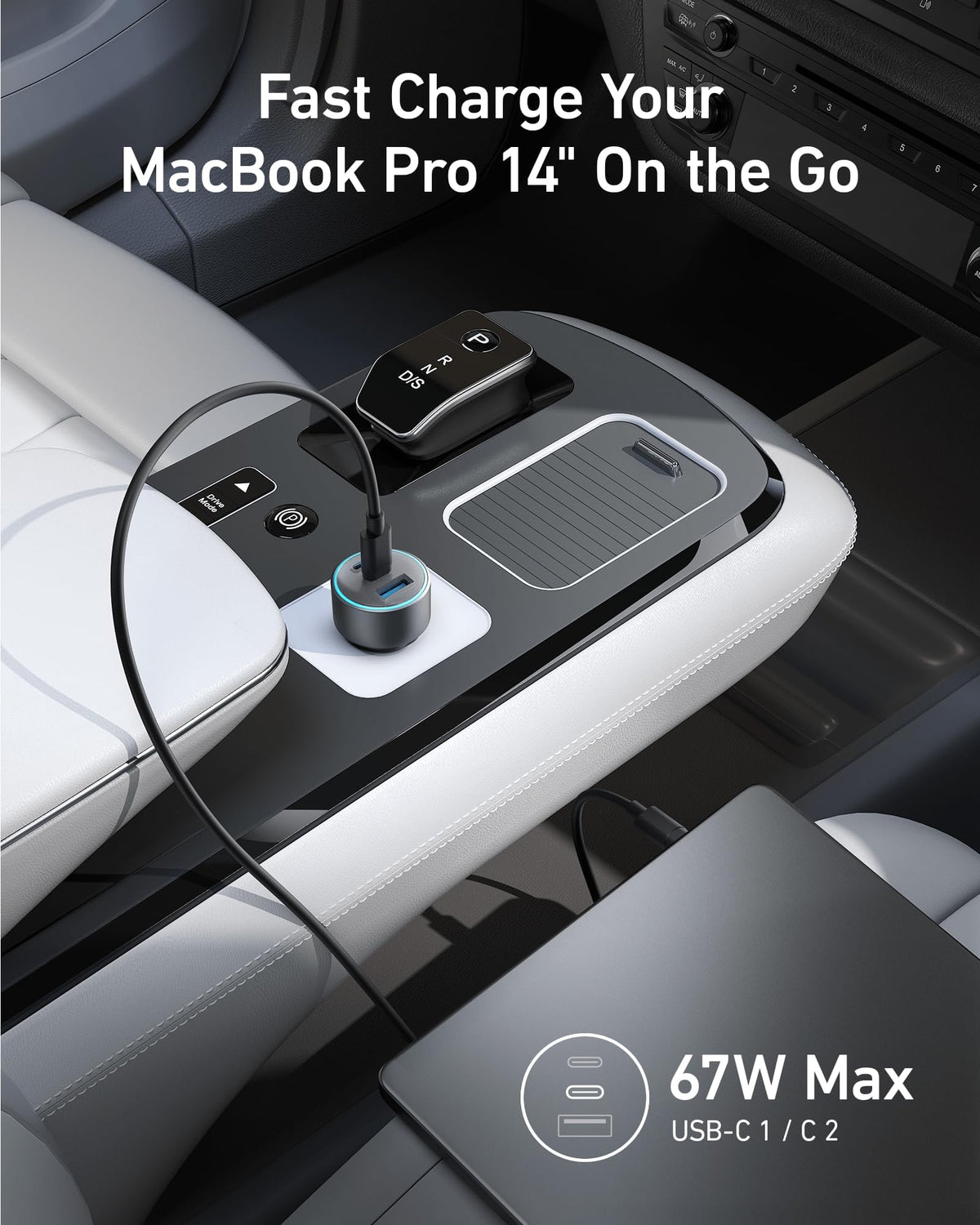 Anker 535 67W car charger with dual USB ports plugged into a vehicle's cigarette lighter socket