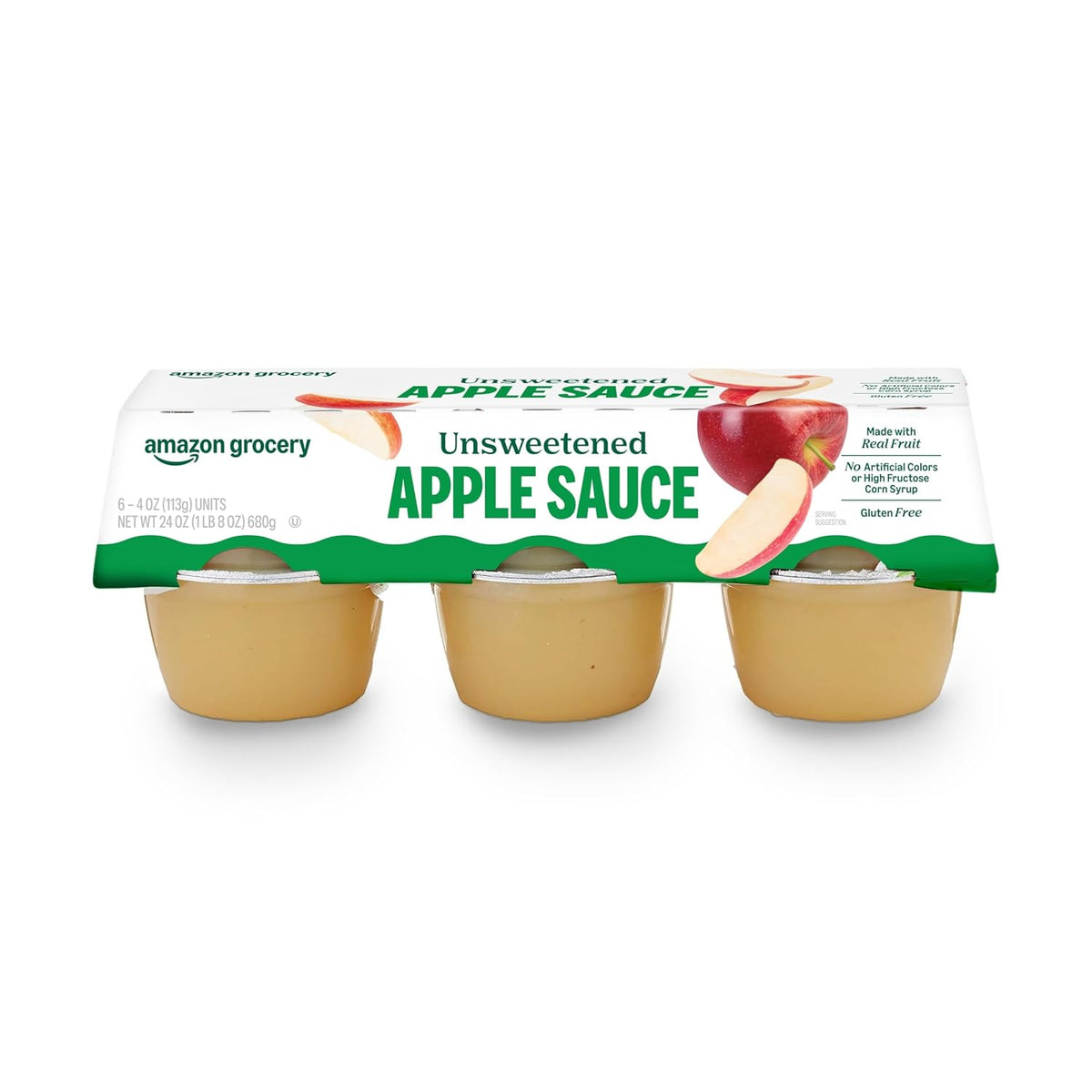 Six Amazon Grocery unsweetened apple sauce cups, 4 oz each, with clear labels and fruit illustrations on the packaging.