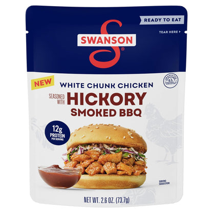 Swanson White Premium Chunk Canned Chicken in Water, 4 cans of 2.4 oz each, showing the canned chicken packaging.