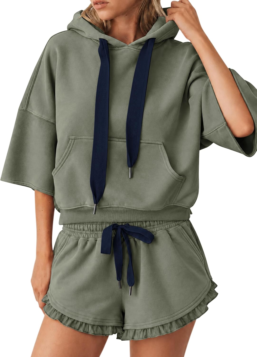 Lauweion women's 2-piece sweat set with boxy hoodie and ruffle trim shorts, casual loungewear outfit in soft fabric.