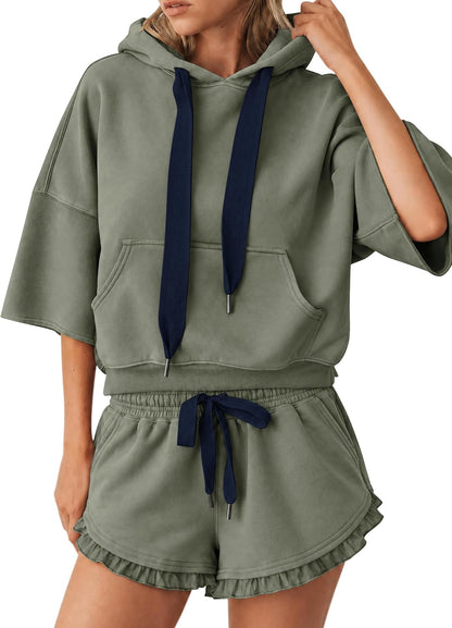 Lauweion women's 2-piece sweat set with boxy hoodie and ruffle trim shorts, casual loungewear outfit in soft fabric.