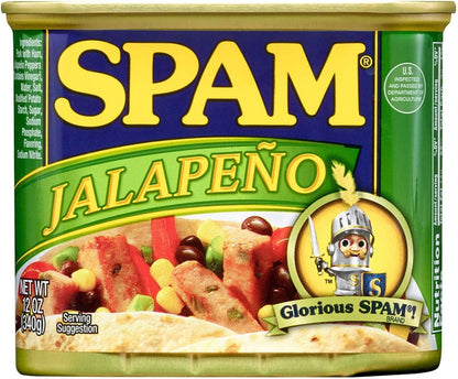 Canned SPAM with 25% less sodium, 12oz size, shelf-stable spiced meat, stacked in a retail display.