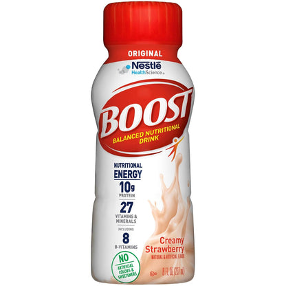 Creamy strawberry BOOST Original Nutritional Drink in 8 oz bottle, shown in a pack of 24.