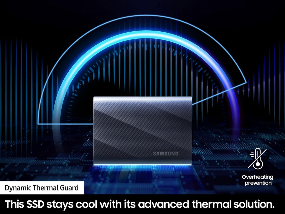 Samsung T9 Portable SSD 2TB external drive by BACKUPMYFILESNOW® with USB 3.2 Gen 2x2, fast data transfer up to 2000 MB/s.