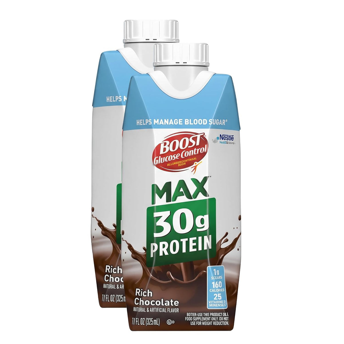BOOST Glucose Control Max Protein nutritional drink in chocolate flavor, 11 FL OZ bottle with smooth chocolate liquid inside.