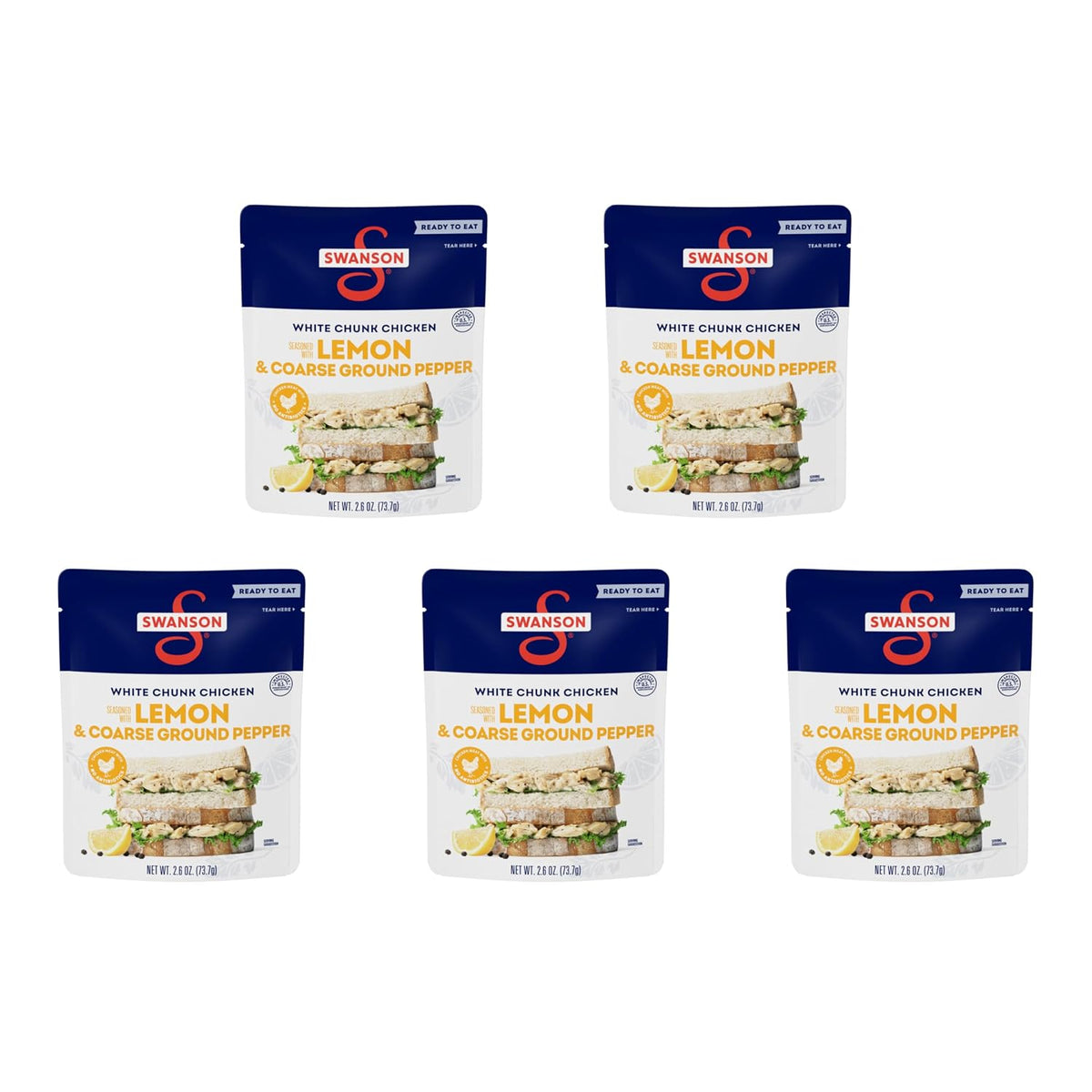 Cans of Swanson White Premium Chunk Canned Chicken in water, 4-pack, 2.4 ounces each, stacked with labels showing Swanson S brand.