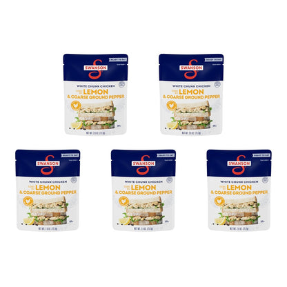 Cans of Swanson White Premium Chunk Canned Chicken in water, 4-pack, 2.4 ounces each, stacked with labels showing Swanson S brand.