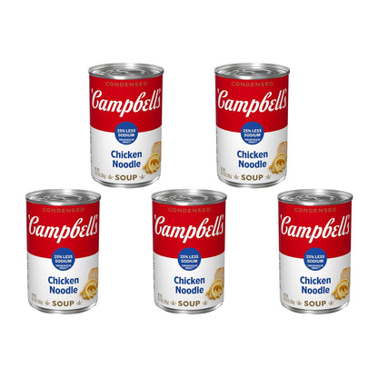 Campbell's Homestyle Chicken Noodle Soup in 10.5 oz cans, pack of 12, with image of soup can and label on packaging