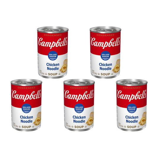 Campbell's Homestyle Chicken Noodle Soup in 10.5 oz cans, pack of 12, with image of soup can and label on packaging