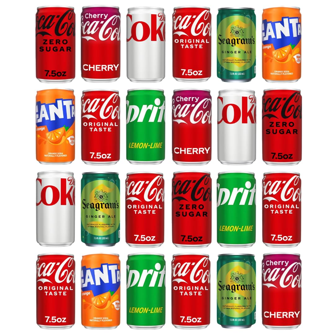 Coca-Cola soda variety pack with 24 assorted mini cans including Coke, Cherry Coke, Diet Coke, Coke Zero, Fanta, Sprite, and Seagram’s Ginger Ale.