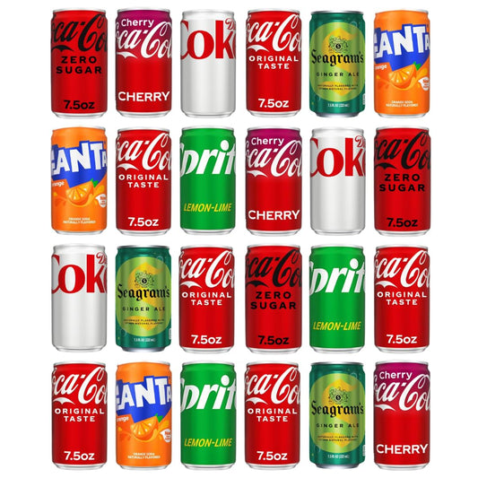 Coca-Cola soda variety pack with 24 assorted mini cans including Coke, Cherry Coke, Diet Coke, Coke Zero, Fanta, Sprite, and Seagram’s Ginger Ale.