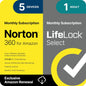 Norton 360 with LifeLock Select backup and security software for 5 devices, providing online privacy and identity protection.