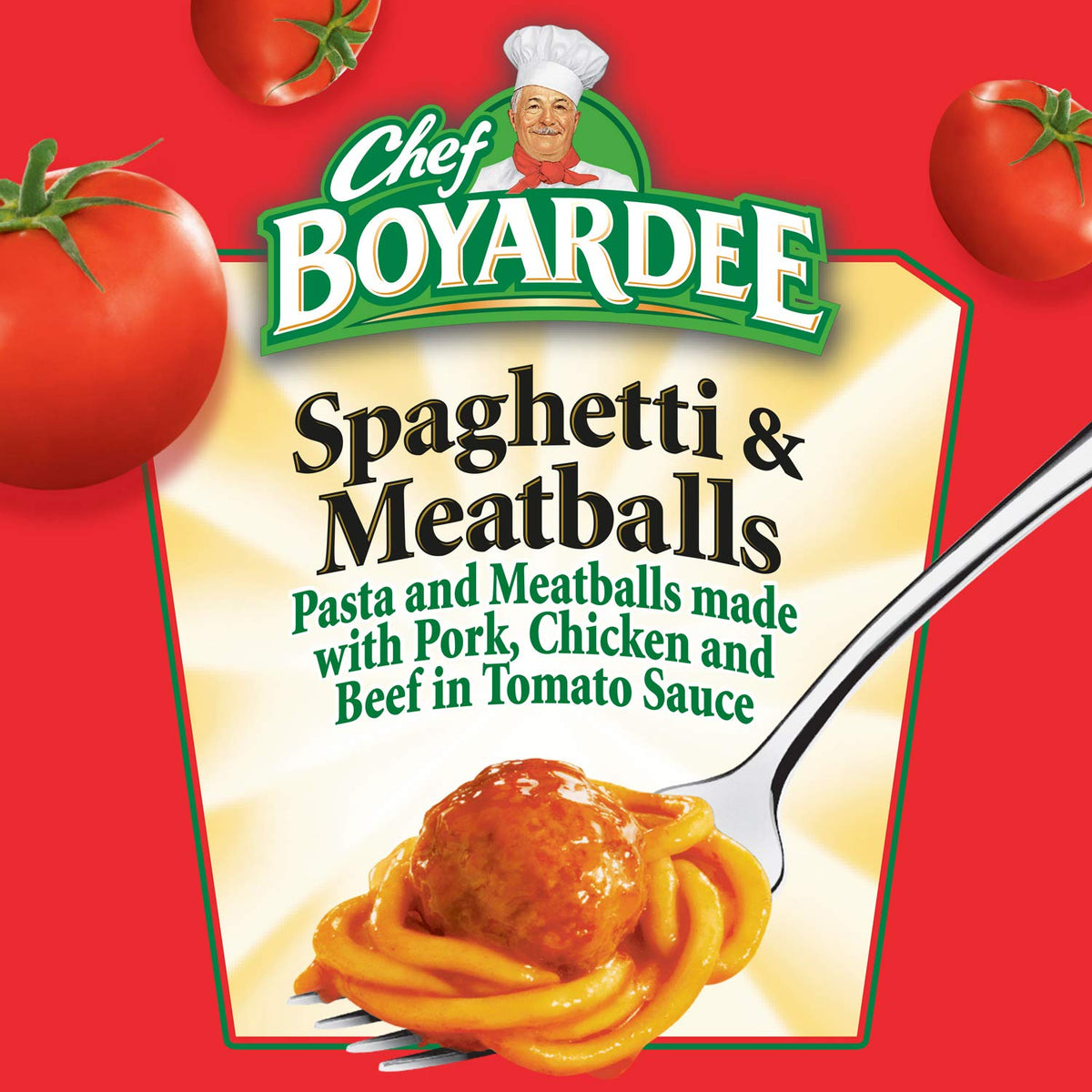 Four cans of Chef Boyardee Spaghetti and Meatballs in 14.5 oz packaged pasta cans, ready for easy meal preparation.