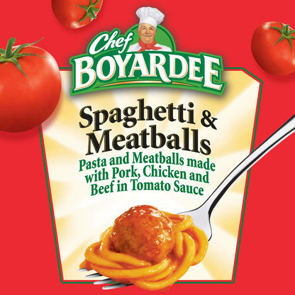 Four cans of Chef Boyardee Spaghetti and Meatballs in 14.5 oz packaged pasta cans, ready for easy meal preparation.