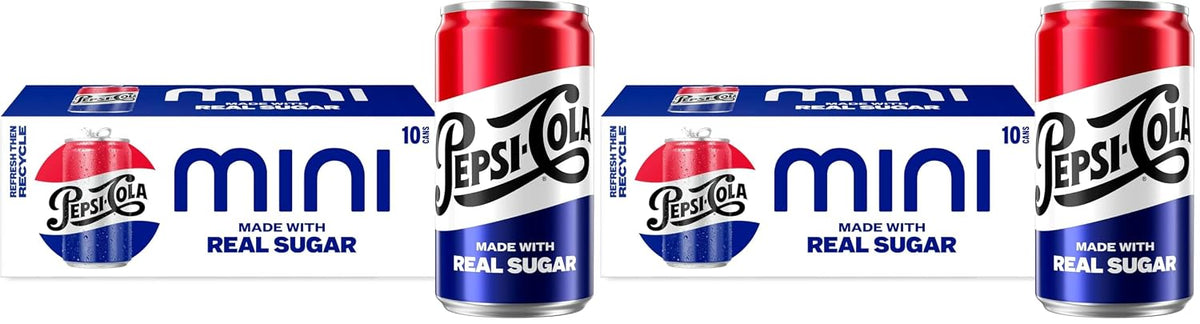 Pack of 10 mini Pepsi Cola soda cans, 7.5 fl oz each, featuring the classic Pepsi branding and logo on the soft drink cans.