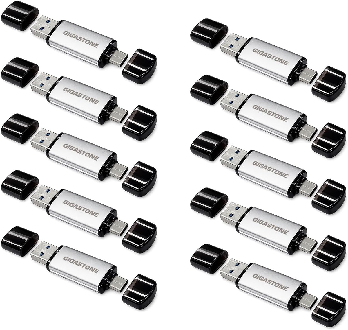 Gigastone 64GB dual USB flash drive 10-pack with USB Type-C and Type-A, high-speed, head cap design, plug and play for smartphones and PCs