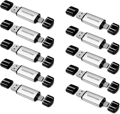 Gigastone 64GB dual USB flash drive 10-pack with USB Type-C and Type-A, high-speed, head cap design, plug and play for smartphones and PCs