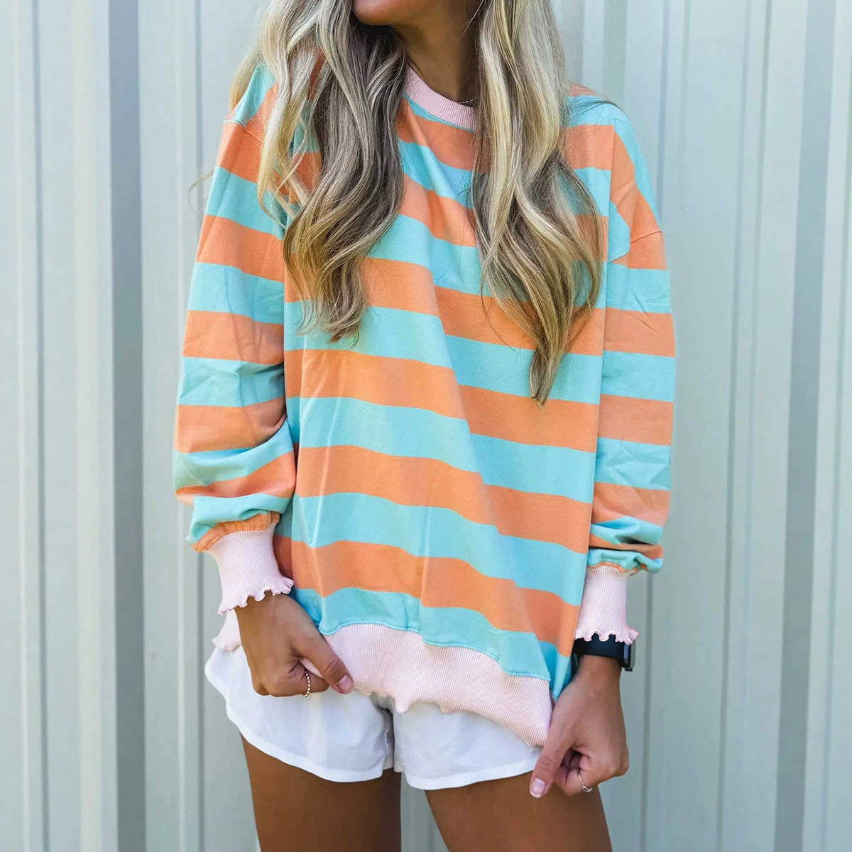Relaxed-fit minimalist striped colorblock pullover crewneck sweatshirt by My Store