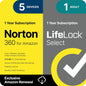 Norton 360 with LifeLock Select bundle backup software displayed on a computer screen for 1-month subscription, protects 5 devices.