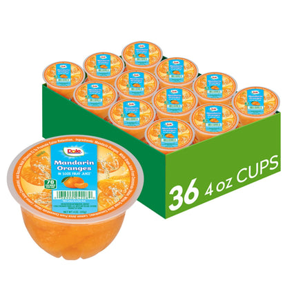 Canned Dole Mandarin Oranges Fruit Bowls in 4oz cups, showing bright orange segments in clear containers.