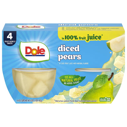 Dole canned pineapple tidbits and tropical fruit in 4 oz bowls, 12-pack, showing colorful fruit pieces in clear containers