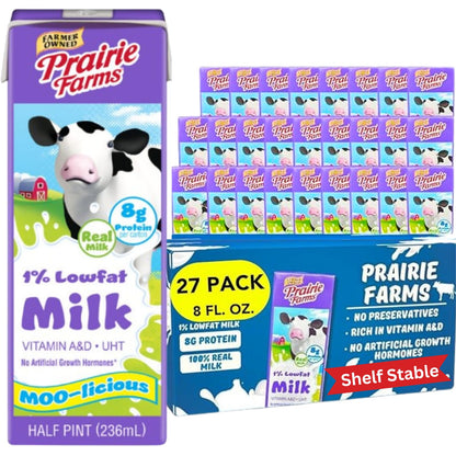 Prairie Farms 1% low fat shelf stable milk box, 8 fl oz, Vitamin D, preservative free, hormone free, Kosher, 27 pack