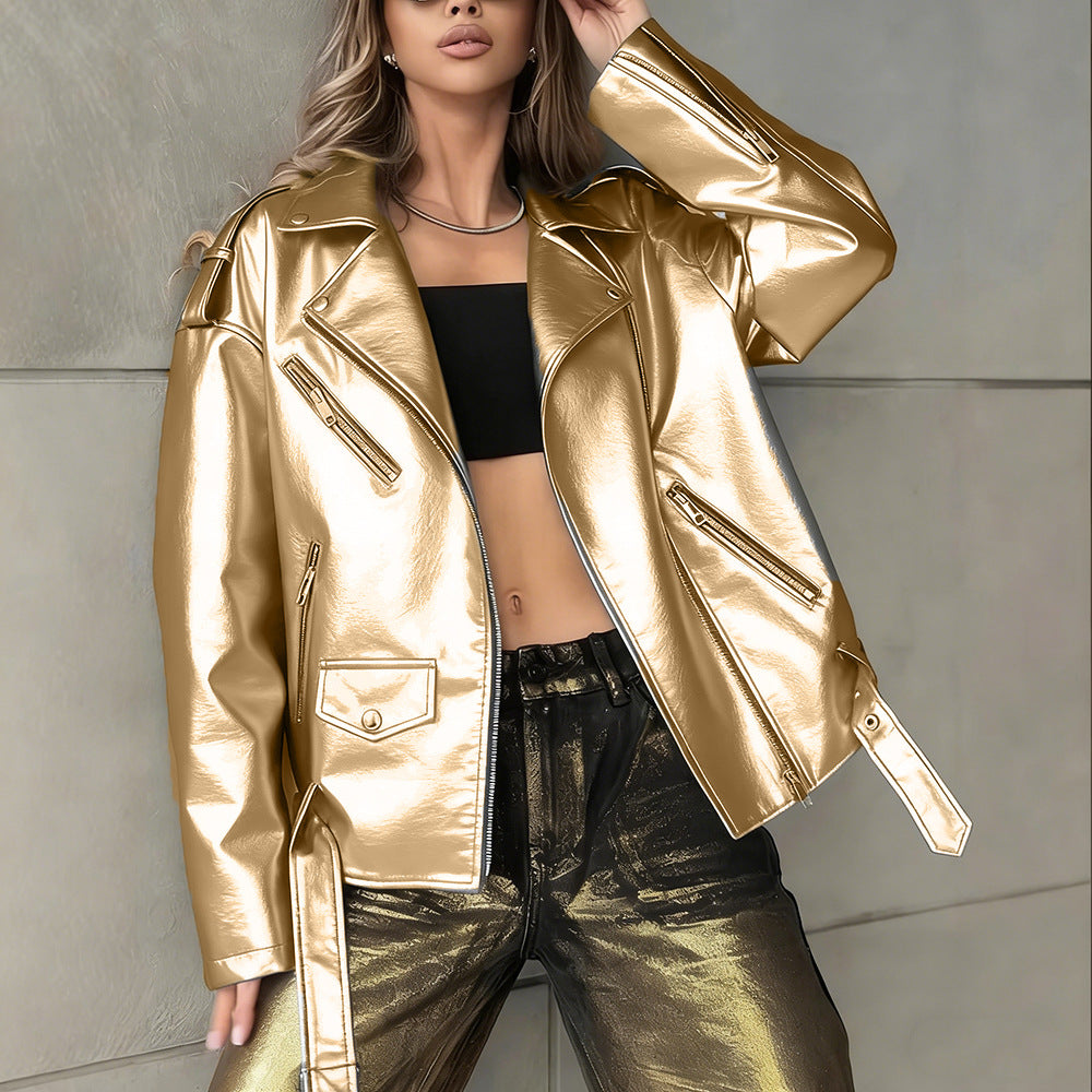 Women's leather biker jacket in a relaxed boyfriend style with classic zip details