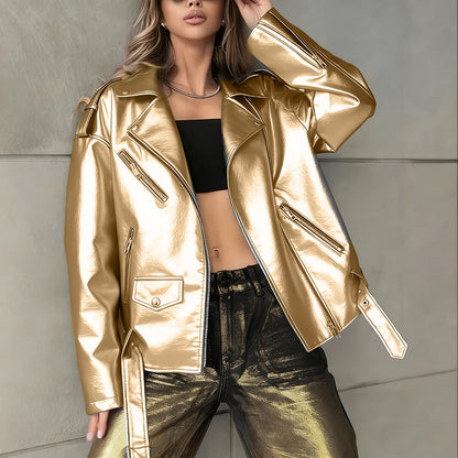 Women's leather biker jacket in a relaxed boyfriend style with classic zip details