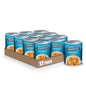Canned Progresso Traditional Chicken Noodle Soup in 19 oz cans, four-pack, featuring a bowl of chicken noodle soup with noodles and vegetables.