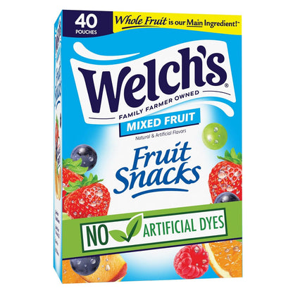 Welch's mixed fruit snacks in a box, 0.8 oz packs, shown in a 40-pack variety for kids' healthy snack options.