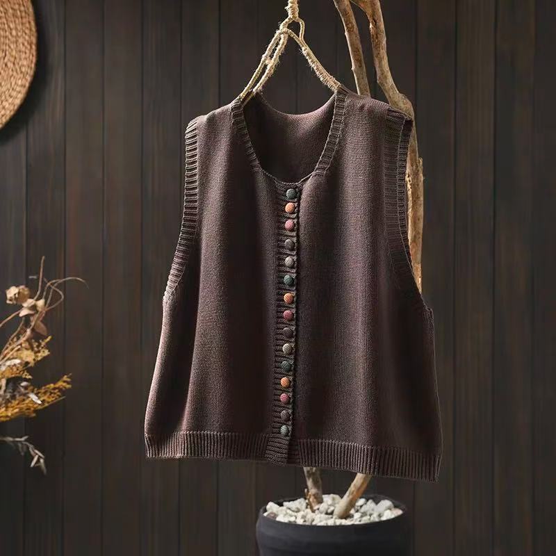 Colored button cotton thread knitted vest with multicolor buttons and textured knit detail