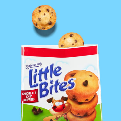 Entenmann's chocolate chip mini muffins in a value pack, 20 individual 1.5 oz packs of chocolatey muffins, 30 oz total.
