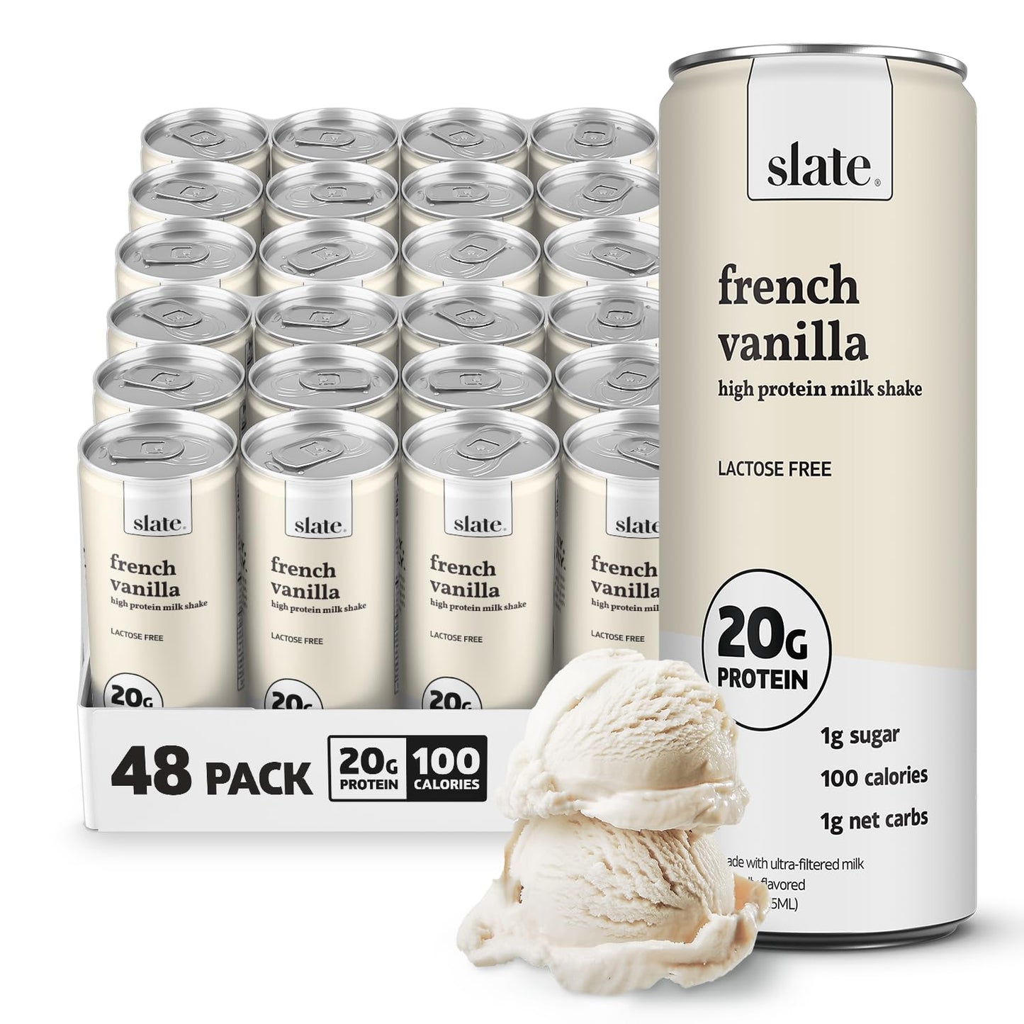 Slate Milk high protein milk shakes and iced coffees in chocolate, mocha, vanilla, and French vanilla, 11 fl oz cans, 12-pack.