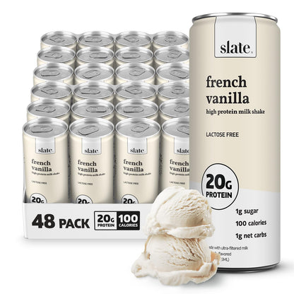 Slate Milk high protein milk shakes and iced coffees in chocolate, mocha, vanilla, and French vanilla, 11 fl oz cans, 12-pack.