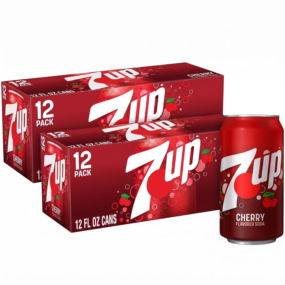 12-pack of Dr Pepper 7UP cherry flavored soda cans, 12 fl oz each, featuring red cherry soda cans with 7UP branding.