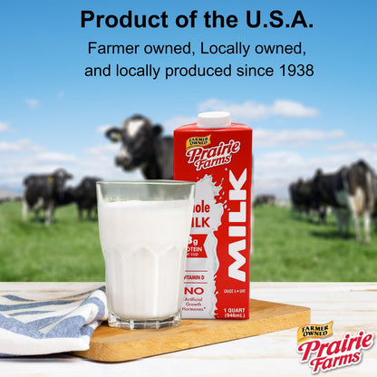 Prairie Farms whole shelf stable milk in a 1-quart box, ultra pasteurized, vitamin D, preservative-free, gluten-free, and kosher.