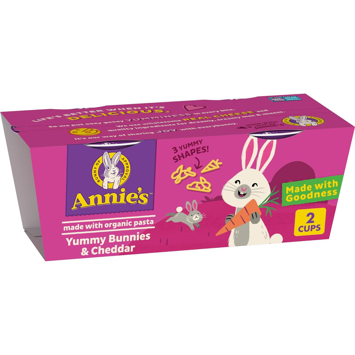 Annie's Homegrown White Cheddar Mac & Cheese microwavable cups, 8-pack, showing the cups with white cheddar cheese and pasta.